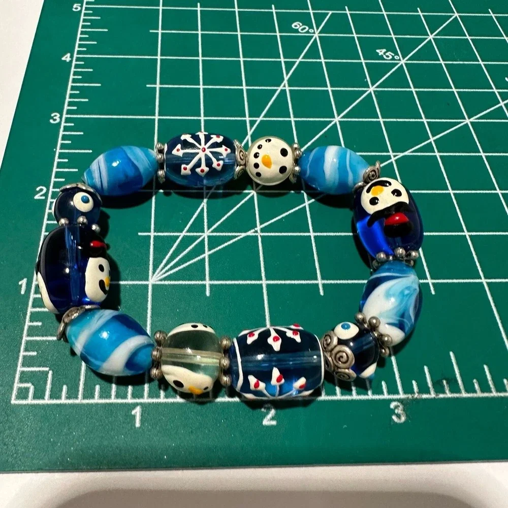 Glass Beads Stretch Bracelet Blue White Snowman Snowflake‎ Christmas Handmade